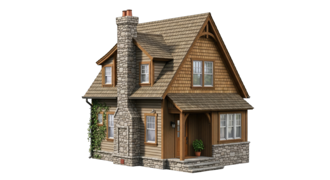 Charming Rustic Cottage With Stone Chimney And Wood Siding Set Against A Transparent Background