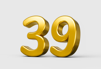 Golden metallic 3D number 39 with smooth glossy gold finish. 3d illustration
