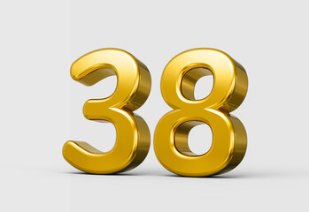 Golden metallic 3D number 38 with shiny bold reflective glow. 3d illustration