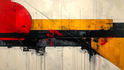 Abstract painting of geometric shapes in red, yellow, black, and white with intersecting lines and splattered paint