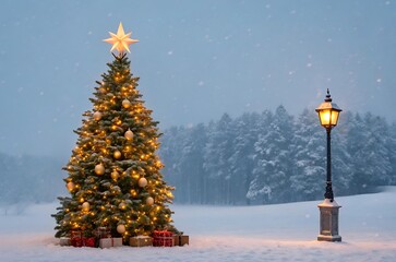 Festive christmas tree with star, lights, and gifts in winter snow