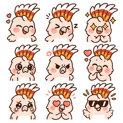 A set of cute anime parrots illustrations doing different activities with different expressions.Stickers or badges. Salmon-crested Cockatoo