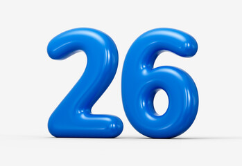 Shiny blue 3D number 26 with a sleek glossy finish and smooth surfaces. 3d illustration