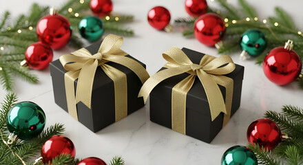 Christmas gift boxes with festive decorations beside a Christmas tree