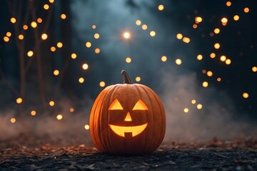 Glowing halloween pumpkin with bokeh lights and mystical fog.