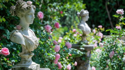 Two marble busts surrounded by blooming pink roses in a lush garden setting. The scene conveys elegance and tranquility.