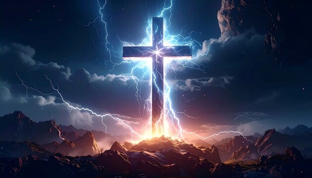 Luminous cross stands atop rocky terrain amidst dramatic lightning-filled sky with dark clouds and mountain ranges