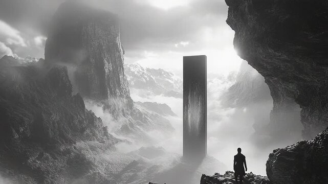 Person standing on cliff looking at mysterious monolith