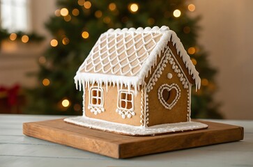 Gingerbread house with intricate icing on wood board and bokeh