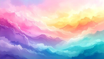 Abstract pastel-colored mountain range, dreamy watercolor with pink, yellow, blue, and purple hues creating a serene landscape