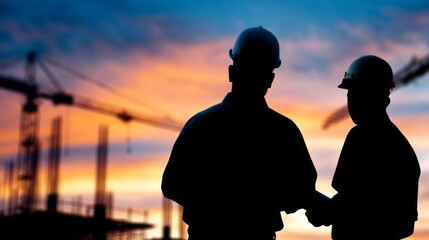 Silhouettes of engineers and workers engage in conversation about the construction project as the sun sets behind cranes. The scene reflects collaboration and dedication to building
