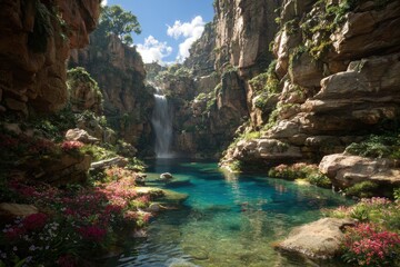 Scenic Waterfall In Lush Mountain Valley With Pool