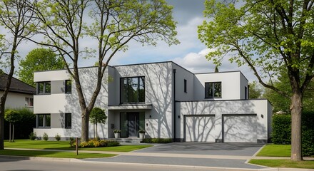 Modern home exterior with driveway in residential area during sunny spring day with green