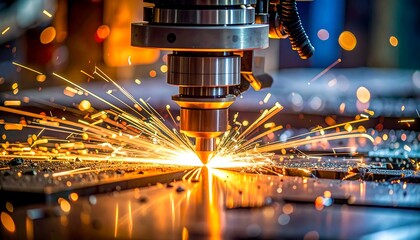 Metal cutting with bright sparks flying from the laser, industrial process, machine and metal closeup view