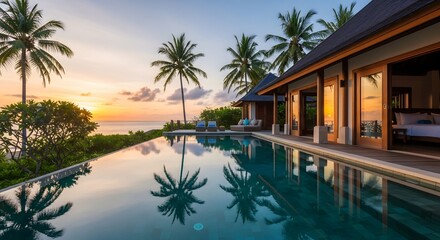 Fototapeta premium Tropical villa with infinity pool overlooking ocean at sunset on beautiful resort