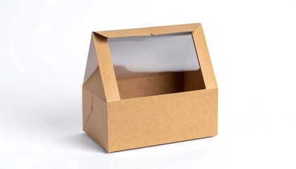 Isolated brown cardboard box with a clear window showing its interior, against a solid white background