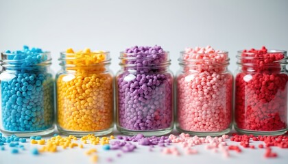 Five glass jars full of bright candy sprinkles stand in line. Blue, yellow, purple, pink, red sugar decorations fill containers. Small sweet pieces spill on white surface. Colorful confectionery
