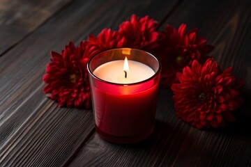 Lit red candle and vibrant chrysanthemum flowers on dark wood