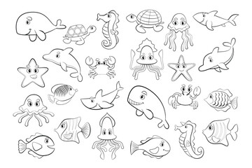 Naklejka premium Whimsical Ocean Friends Cartoon Sea Creatures Set for Kids Coloring, Education, and Playful Learning