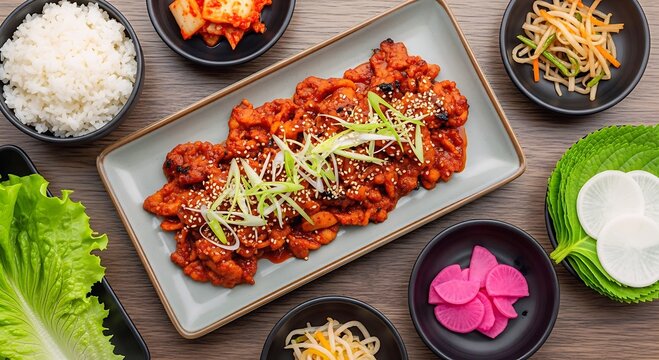 A vibrant spread of spicy Korean pork bulgogi, served with steamed rice, kimchi, pickled radish, bean sprouts, and fresh lettuce for wrapping. A delicious and authentic Korean meal.