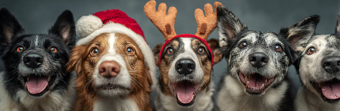 Banner five dogs celebrating christmas holidays wearing a red santa claus hat, reindeer antlers and red present ribbon. Isolated on gray background