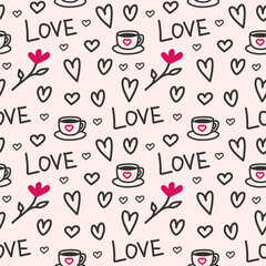 Seamless vector pattern with marker-drawn hearts, a cup of coffee and inscriptions on a beige background