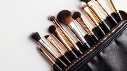 A collection of makeup brushes arranged neatly in a black zippered case. The brushes have various shapes and sizes, ideal for makeup application.