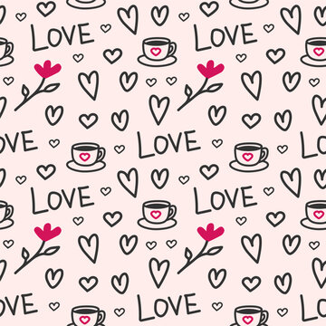 Fototapeta Seamless vector pattern with marker-drawn hearts, a cup of coffee and inscriptions on a beige background