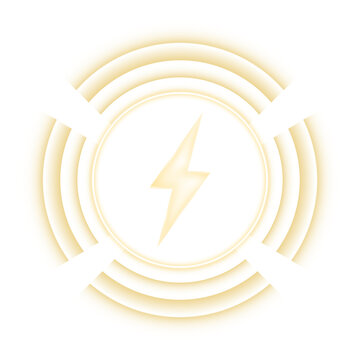 Yellow neon wireless charge symbol set with circular waves, electric bolt lines, and bright glowing indicators for fast charger graphics, smartphone UI, and modern power transfer vector illustrations
