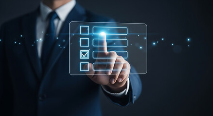 Businessman in suit pressing button on futuristic digital checklist interface, approving one item.