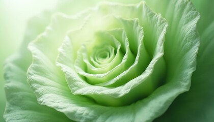 Close up of light green organic spiral shape. Soft gentle petals unfold creating natural beautiful pattern. Abstract image shows growth, fresh energy, natural wellness, eco friendly concepts,