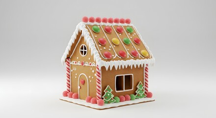 Festive Gingerbread House with Icing and Colorful Candies on White, Traditional Holiday Treat