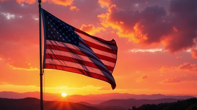 American Flags Silhouetted Against Dramatic Sunset Sky for Patriotic Holidays and Memorials - Perfect for Veterans Day and 4th of July Celebrations