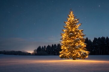 Snowy christmas tree with bright lights under starry night sky