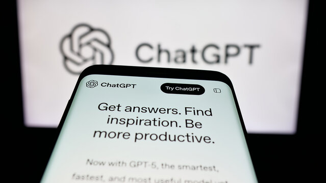 Stuttgart, Germany - 11-05-2025: Mobile phone with website of generative AI chatbot ChatGPT (OpenAI) on screen in front of logo. Focus on top-left of phone display.
