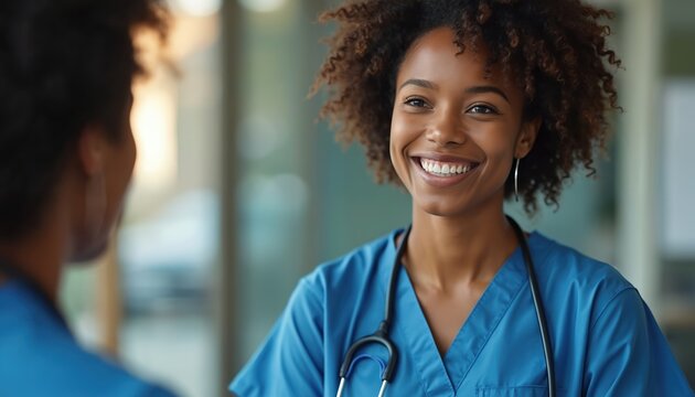 Happy young African American woman healthcare professional smiles brightly, wearing blue scrubs, stethoscope. Looks confident, friendly, approachable for patient care in modern medical clinic