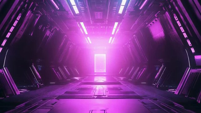 Futuristic sci fi corridor with glowing purple light