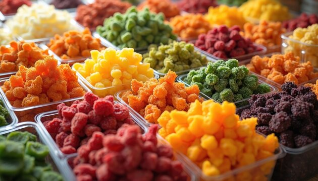 Vibrant display of colorful dried snacks in plastic containers. Assorted treats fruits, vegetables, and candies create a lively market scene. A tempting selection for food lovers and retail displays.