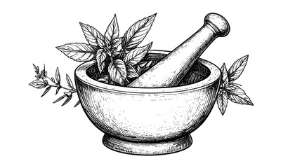 Hand-drawn mortar and pestle with herbs illustration, showing fine hatching and shading on a white background