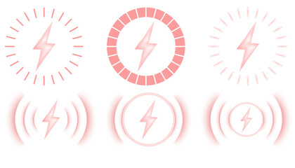 Vector red glowing wireless charging icon set with circular wave halos, electric bolt designs, and neon illumination for smartphone battery UI elements and fast charging tech visuals

