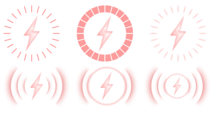 Vector red glowing wireless charging icon set with circular wave halos, electric bolt designs, and neon illumination for smartphone battery UI elements and fast charging tech visuals