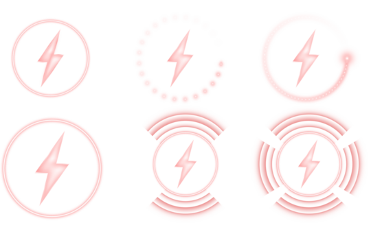 Neon red wireless charging tech symbols collection with wave signals, pulse energy patterns, and lightning bolt icons for modern battery UI layouts and high-impact vector illustrations
