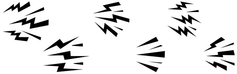 Lightning bolt icon. Flash symbol, thunderbolt, blitz lightnings strike sign. Electric energy black silhouettes, power concept. Vector isolated dynamic sports logo set black and white arrows