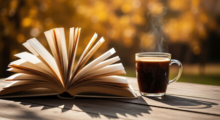 Open book and a cup of coffee with steam on a wooden table outdoors in autumn