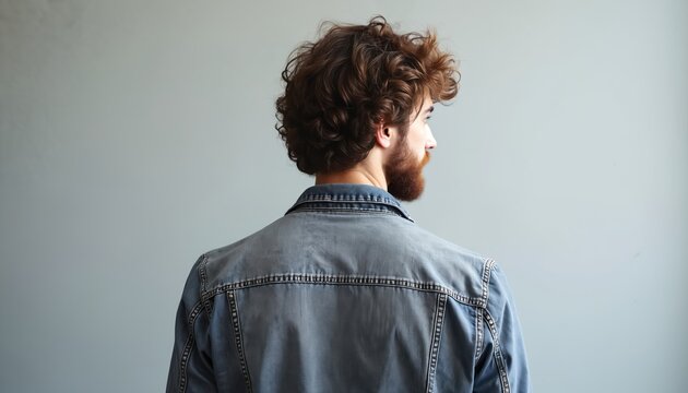 Young male model with wavy brown hair, reddish beard wears classic blue denim jacket against plain light background. Stands with back to camera, looking right. Casual modern portrait highlights youth