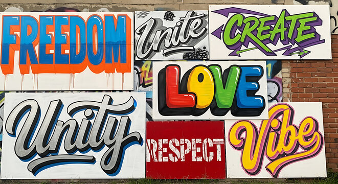 Graffiti art with positive messages FREEDOM, Unite, CREATE, Unity, LOVE, RESPECT, Vibe