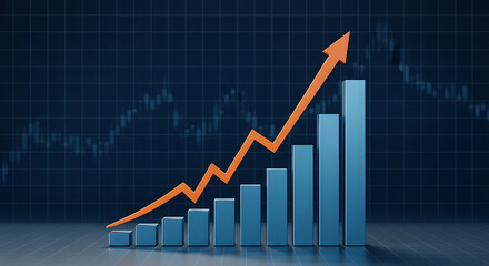Orange arrow line graph and blue bar graph showing upward trend over dark blue background