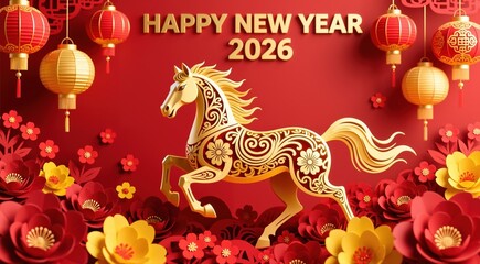 Paper-cut style golden horse with floral patterns on a red background, surrounded by paper flowers and hanging lanterns. Happy New Year 2026 greeting banner.