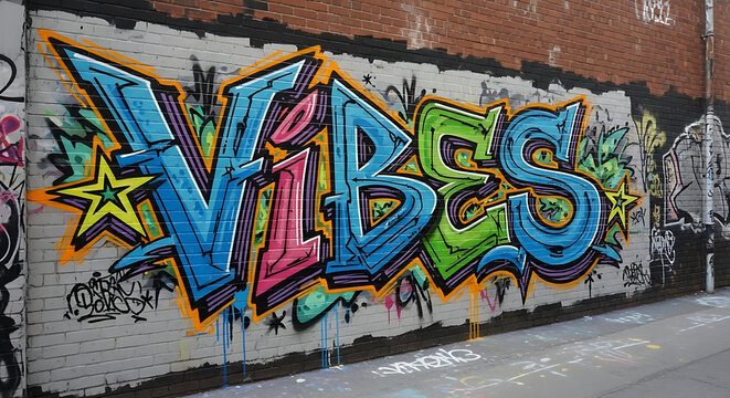 A vibrant and colorful graffiti mural spelling out the word 'Vibes' on a white brick wall, showcasing urban street art and positive energy