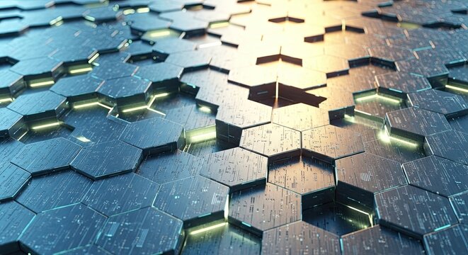 Modern technology background with connected hexagonal grid glowing with futuristic lights, great for technology product marketing materials and technology blogs - Powered by Adobe